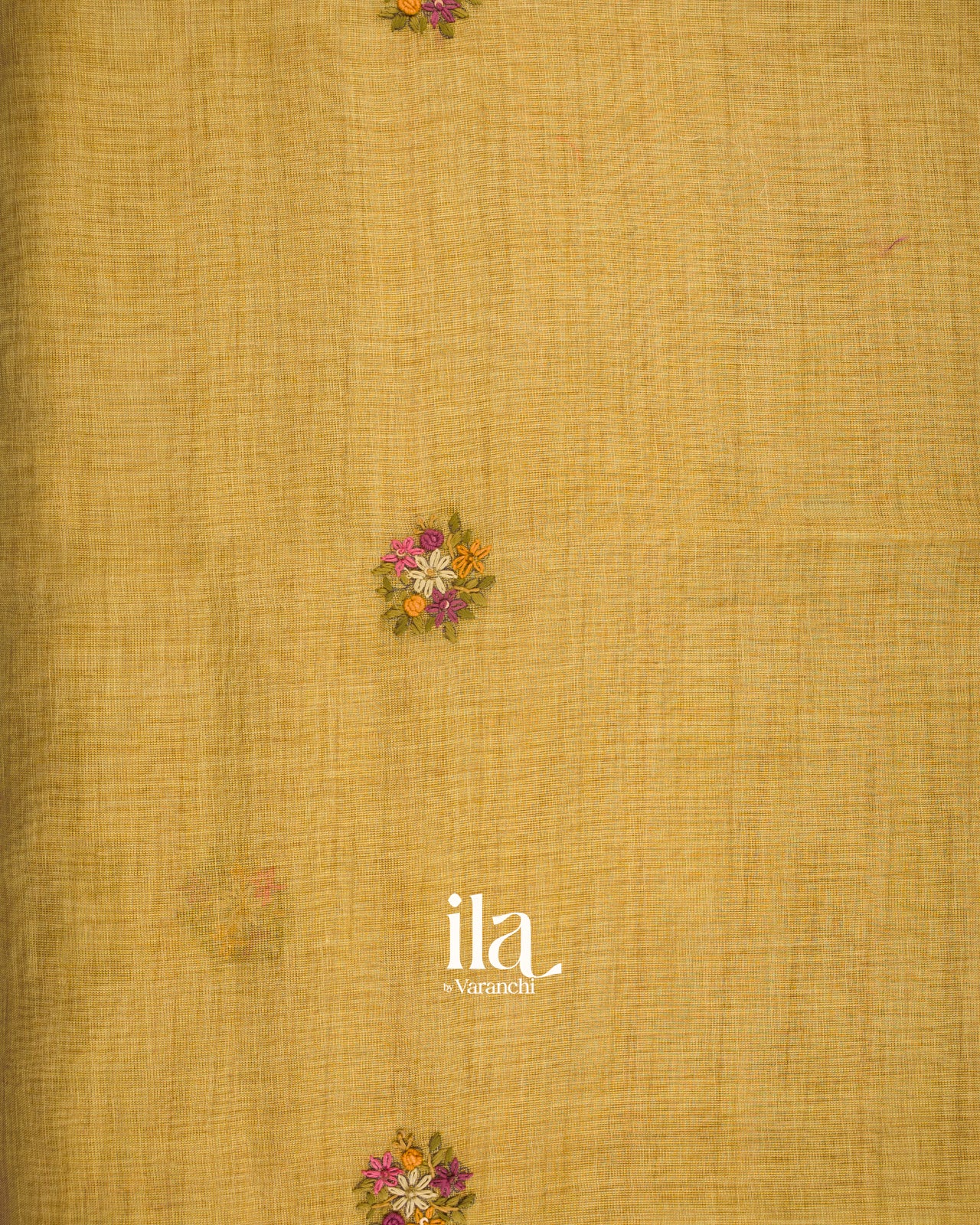 Mustard Yellow Floral Embroidered Semi Linen Saree