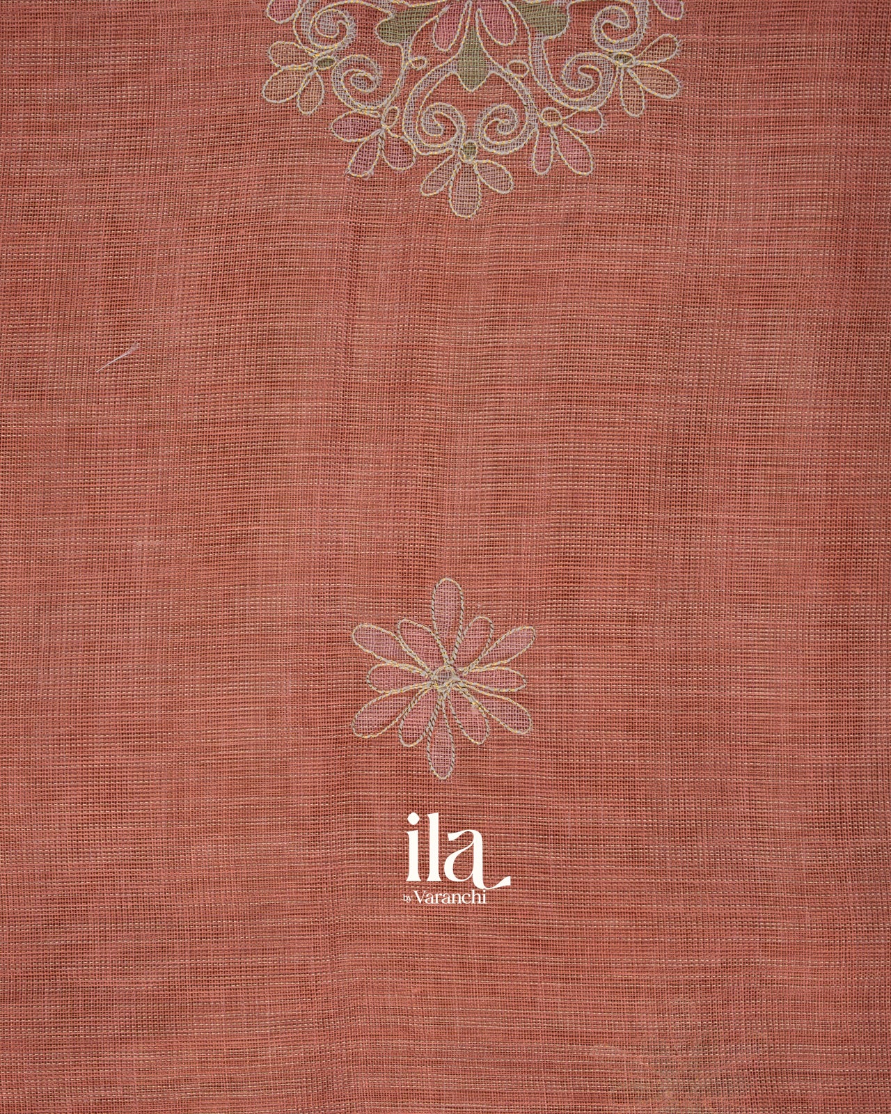 Terracotta Floral Printed and Aaree Work Semi Linen Saree