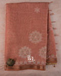 Terracotta Floral Printed and Aaree Work Semi Linen Saree