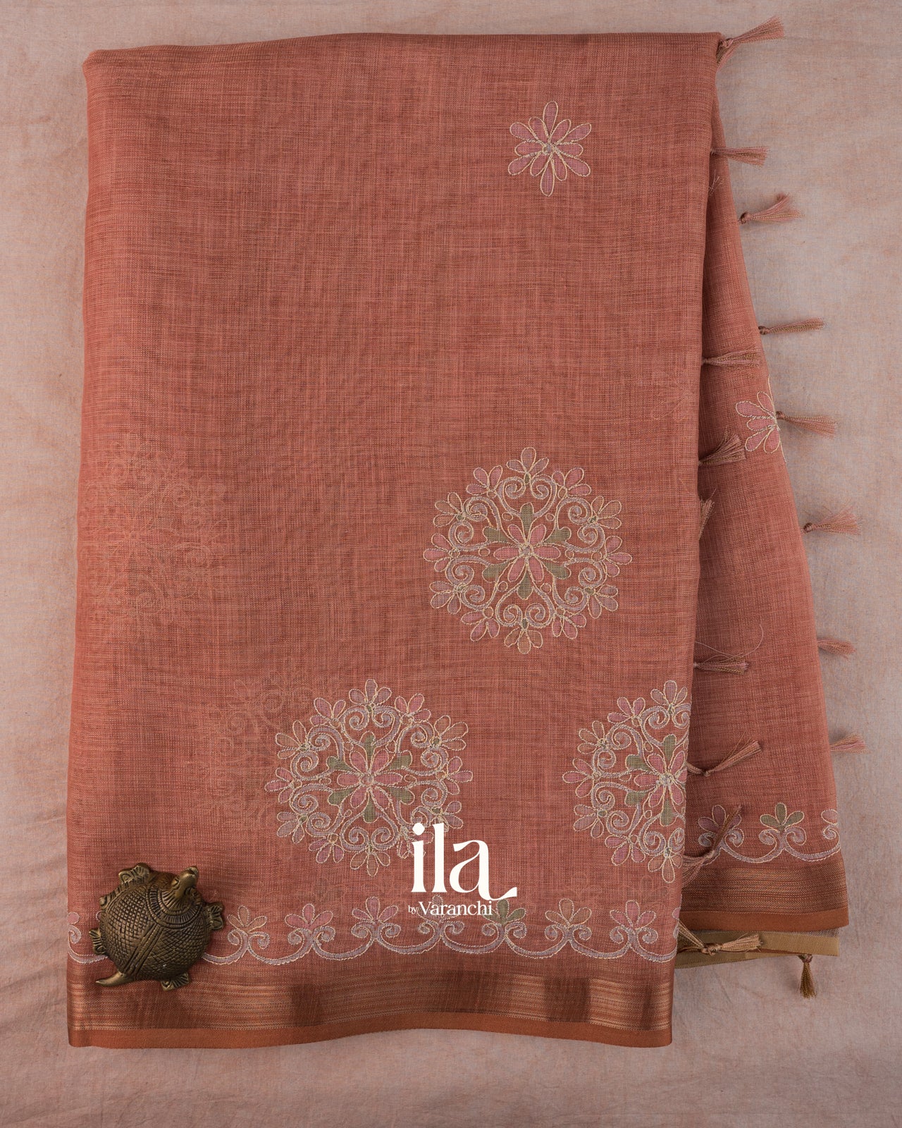 Terracotta Floral Printed and Aaree Work Semi Linen Saree