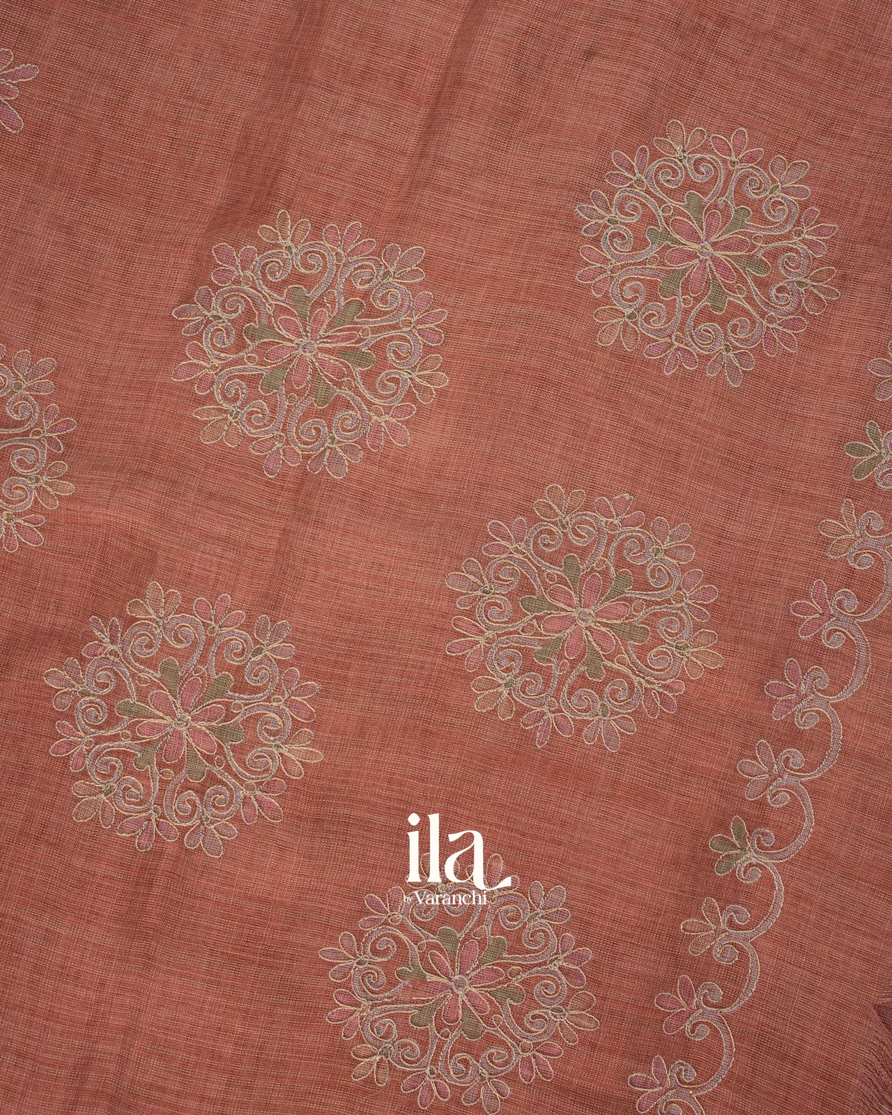 Terracotta Floral Printed and Aaree Work Semi Linen Saree