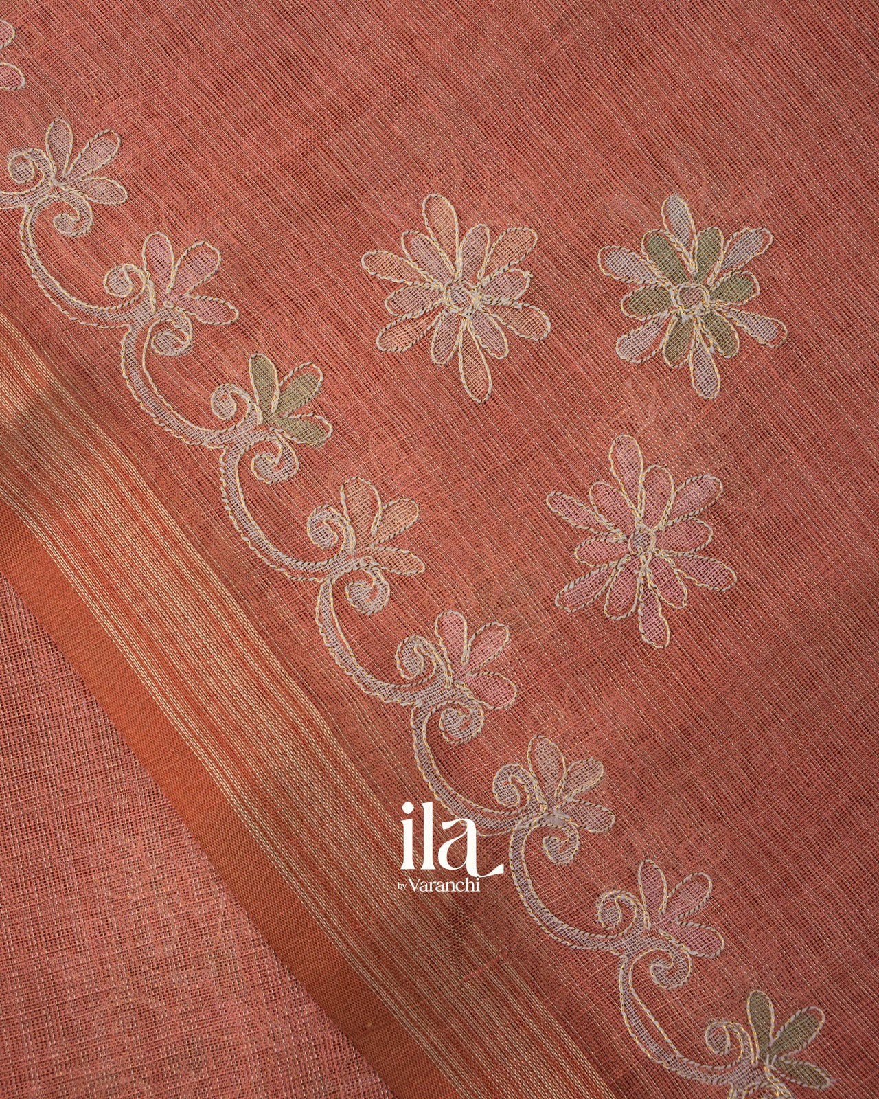 Terracotta Floral Printed and Aaree Work Semi Linen Saree