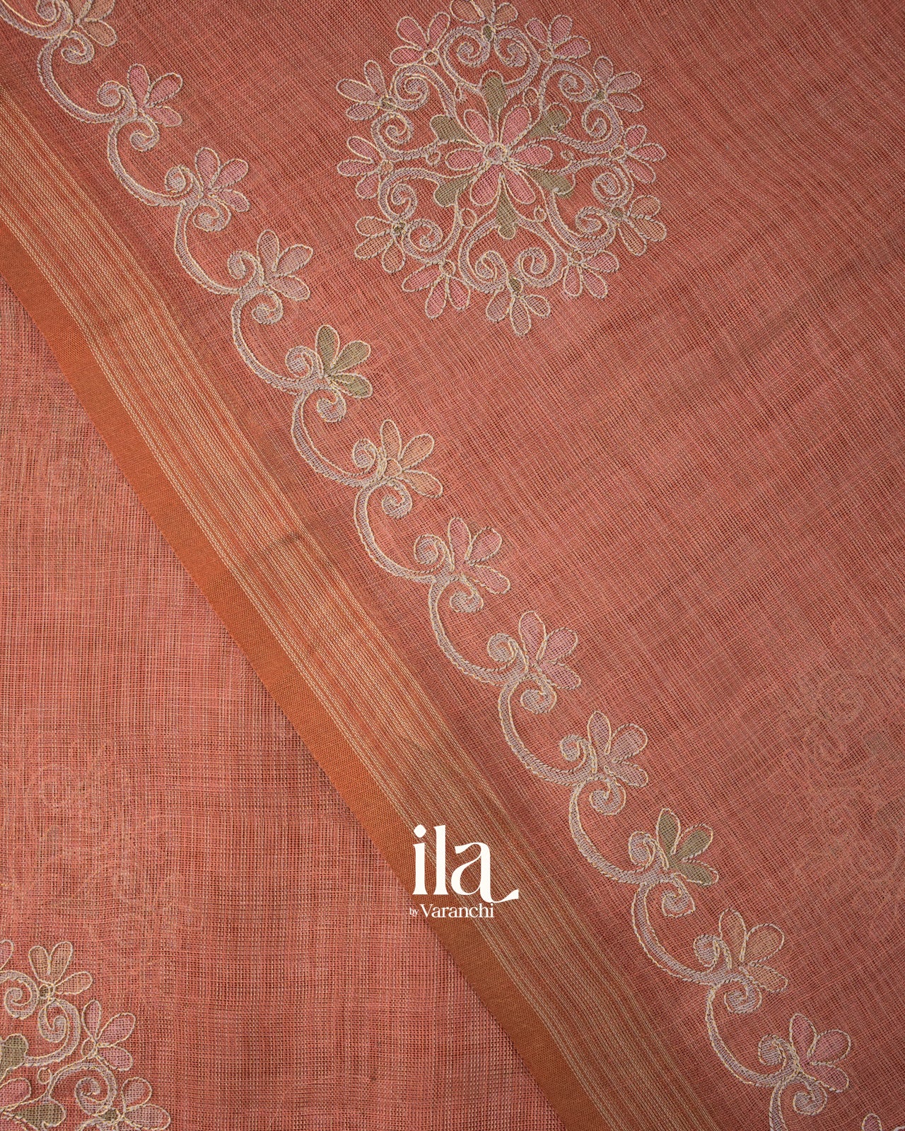 Terracotta Floral Printed and Aaree Work Semi Linen Saree