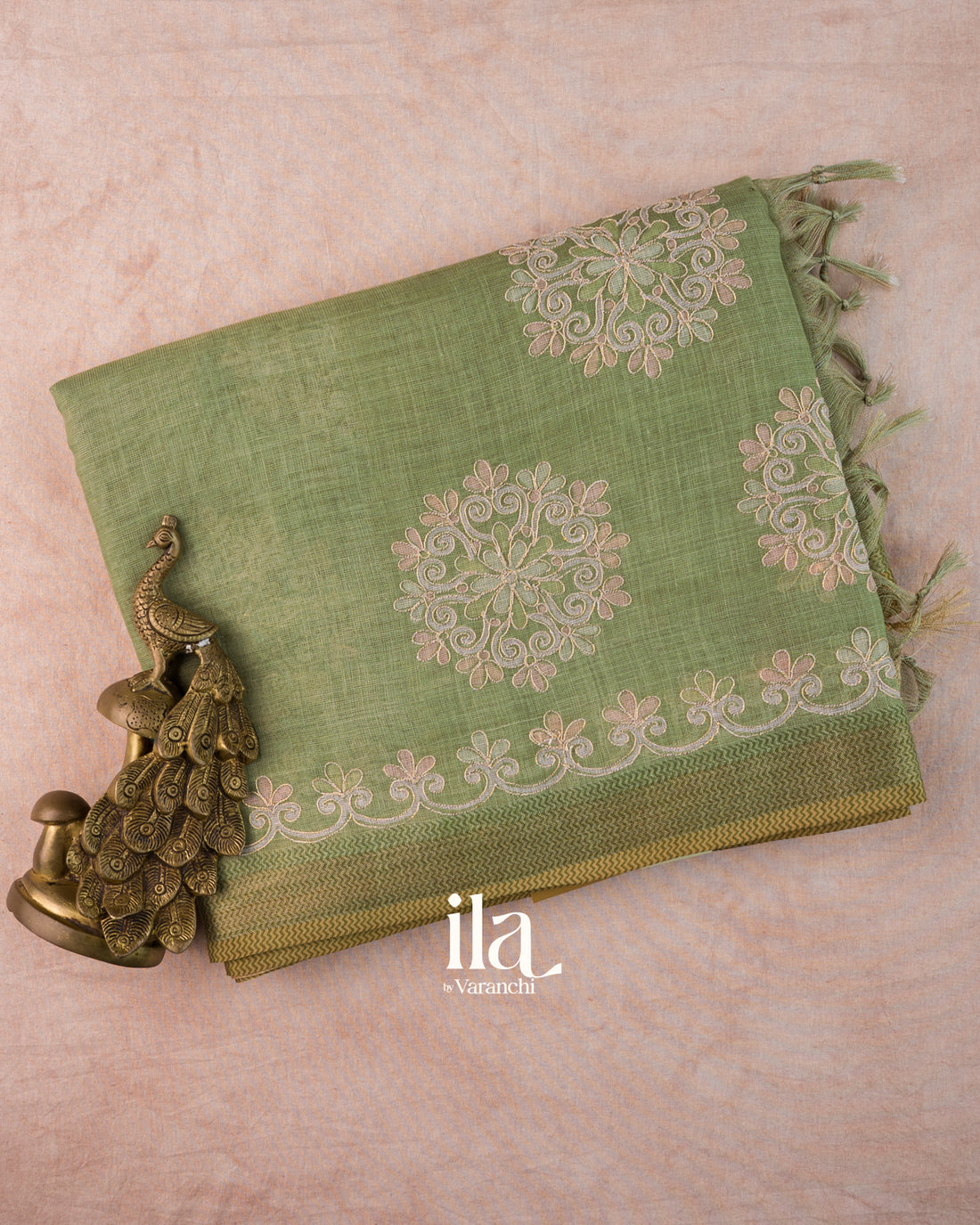 Sage Green Floral Printed and Aaree Work Semi Linen Saree
