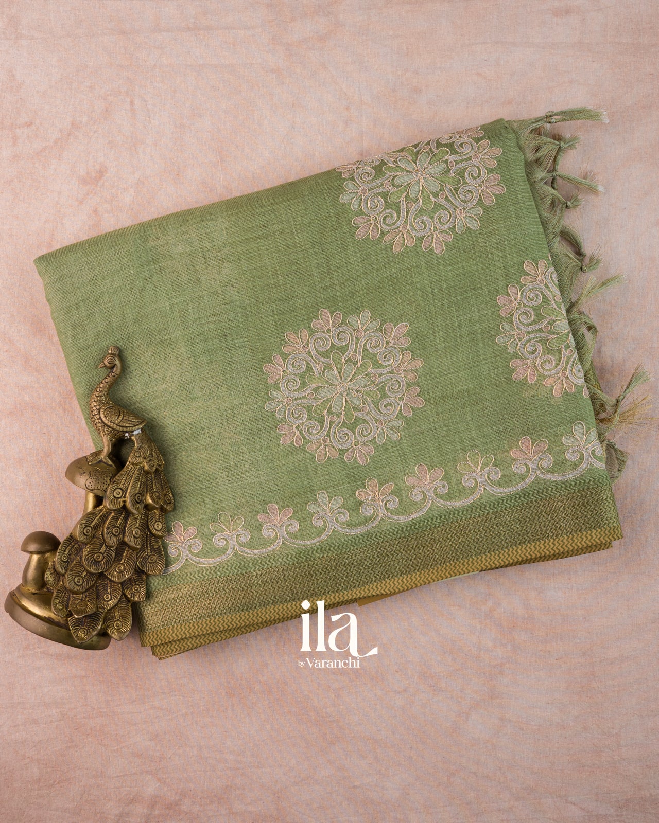 Sage Green Floral Printed and Aaree Work Semi Linen Saree