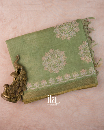 Sage Green Floral Printed and Aaree Work Semi Linen Saree
