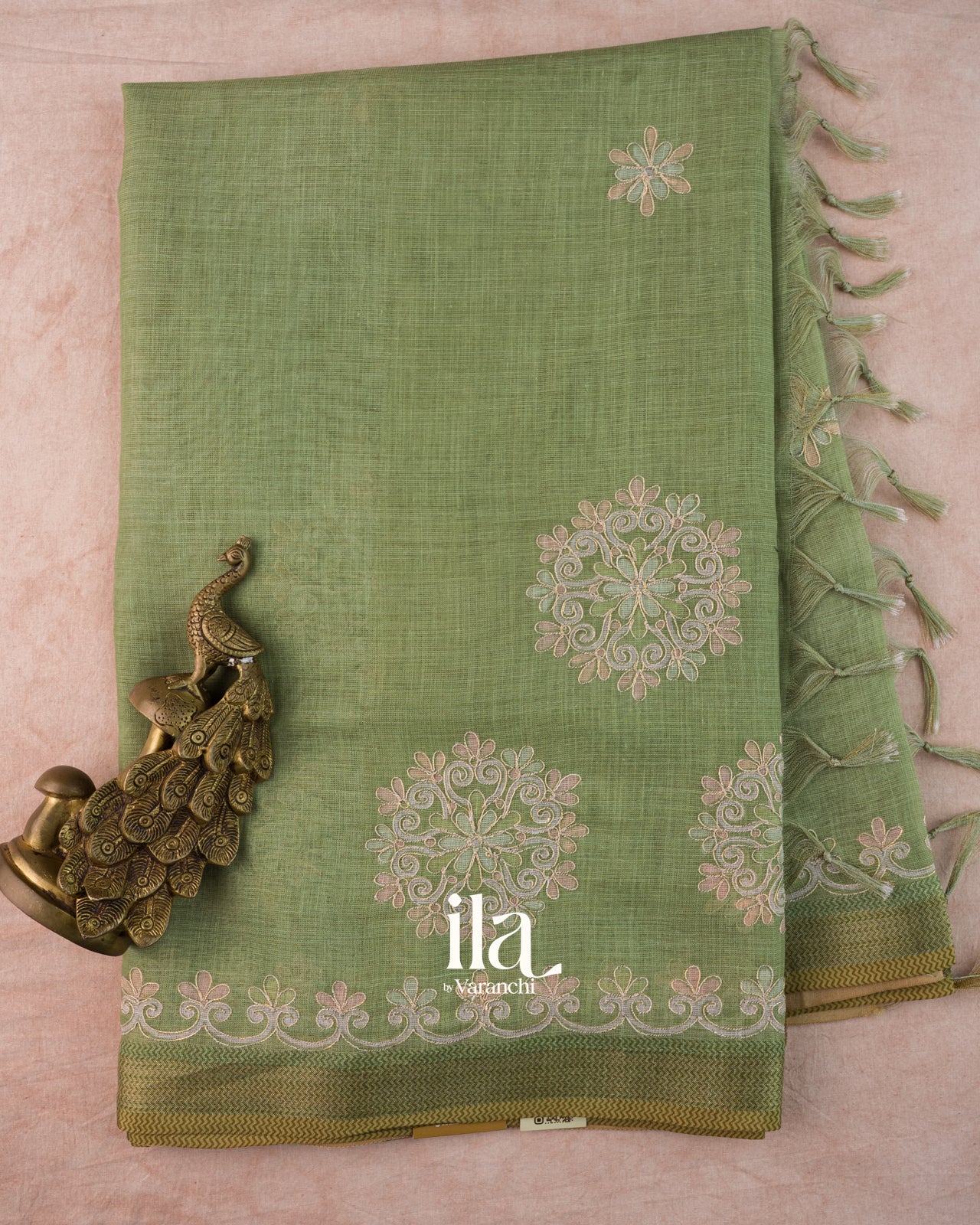 Sage Green Floral Printed and Aaree Work Semi Linen Saree