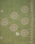 Sage Green Floral Printed and Aaree Work Semi Linen Saree