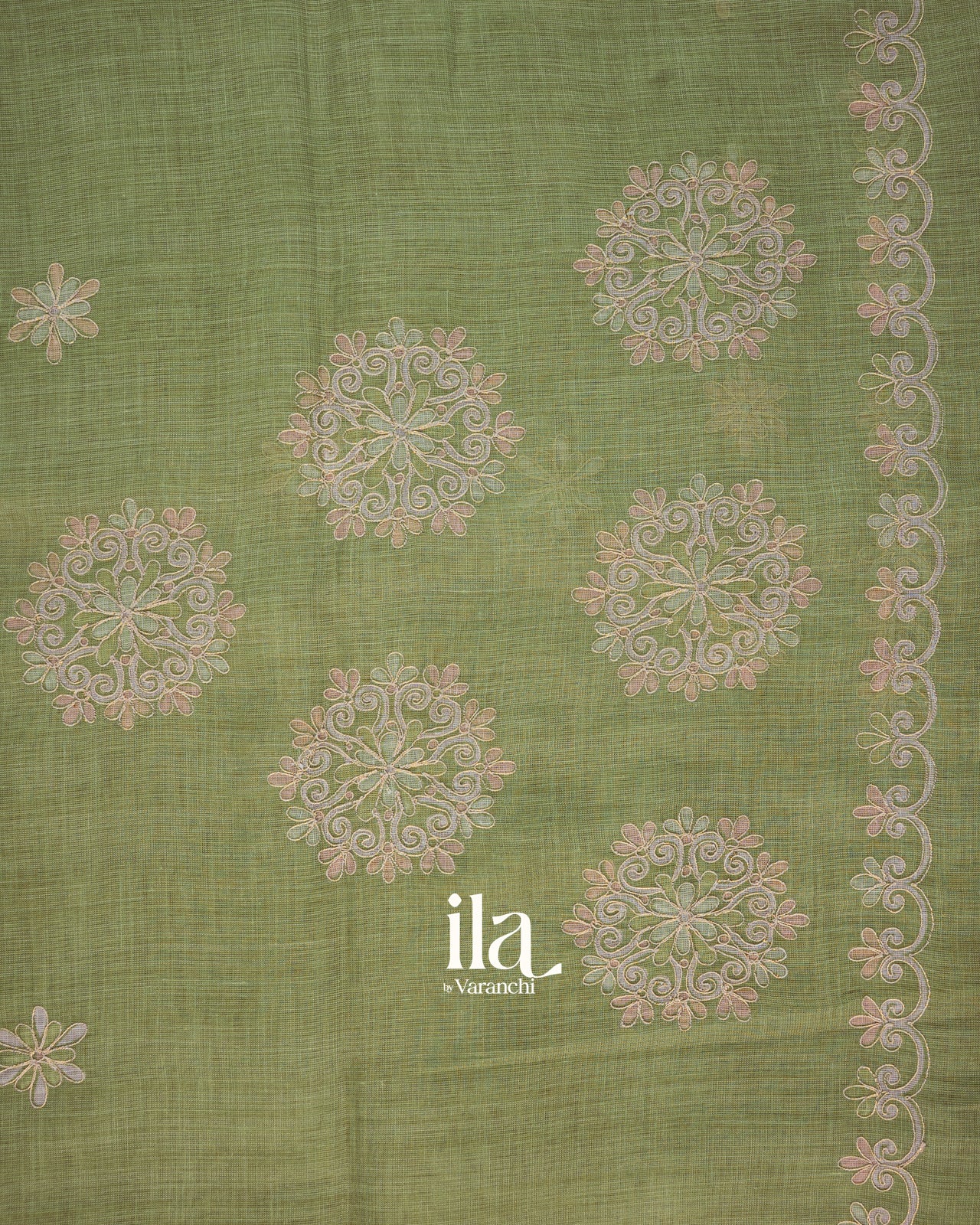 Sage Green Floral Printed and Aaree Work Semi Linen Saree