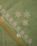Sage Green Floral Printed and Aaree Work Semi Linen Saree
