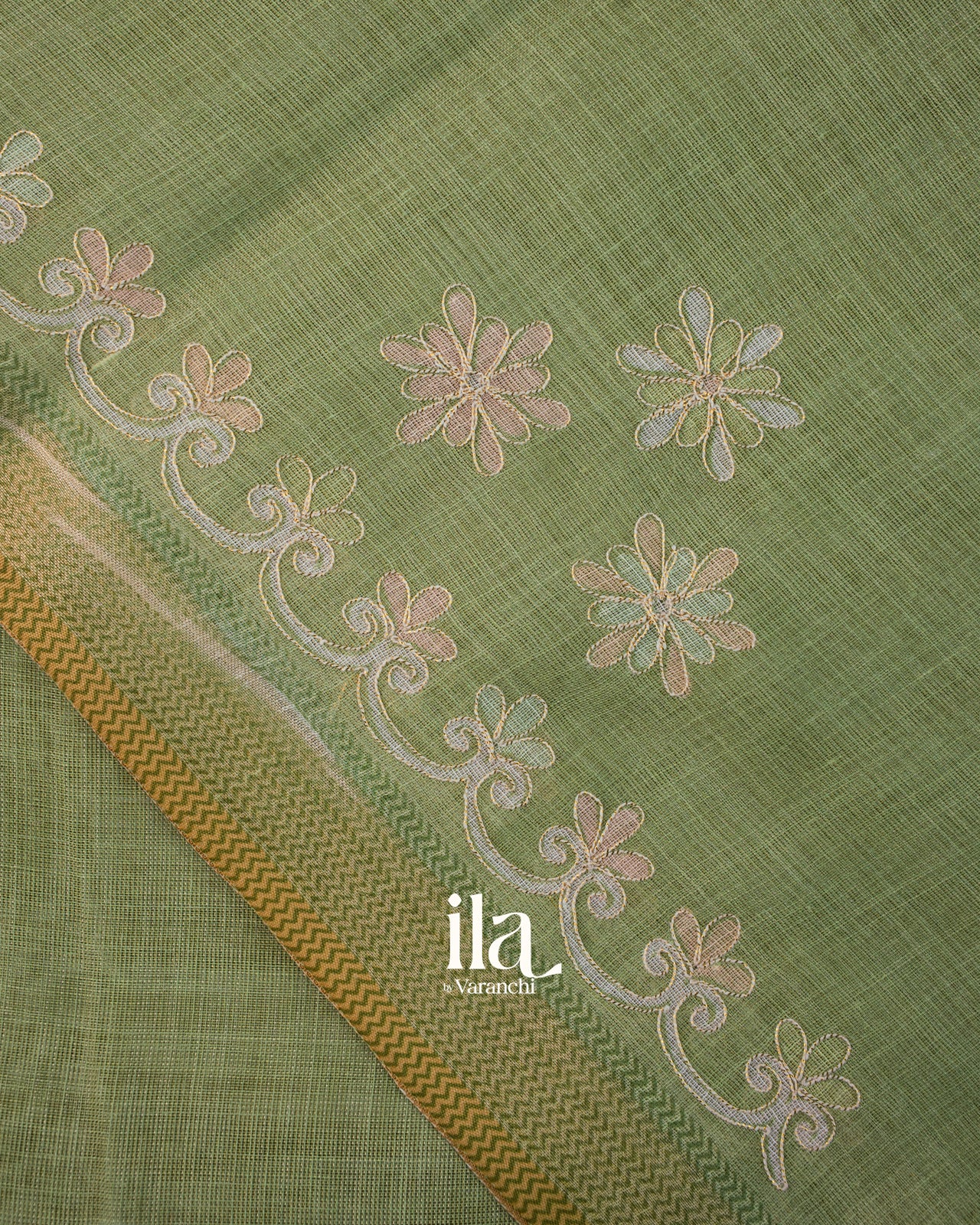 Sage Green Floral Printed and Aaree Work Semi Linen Saree
