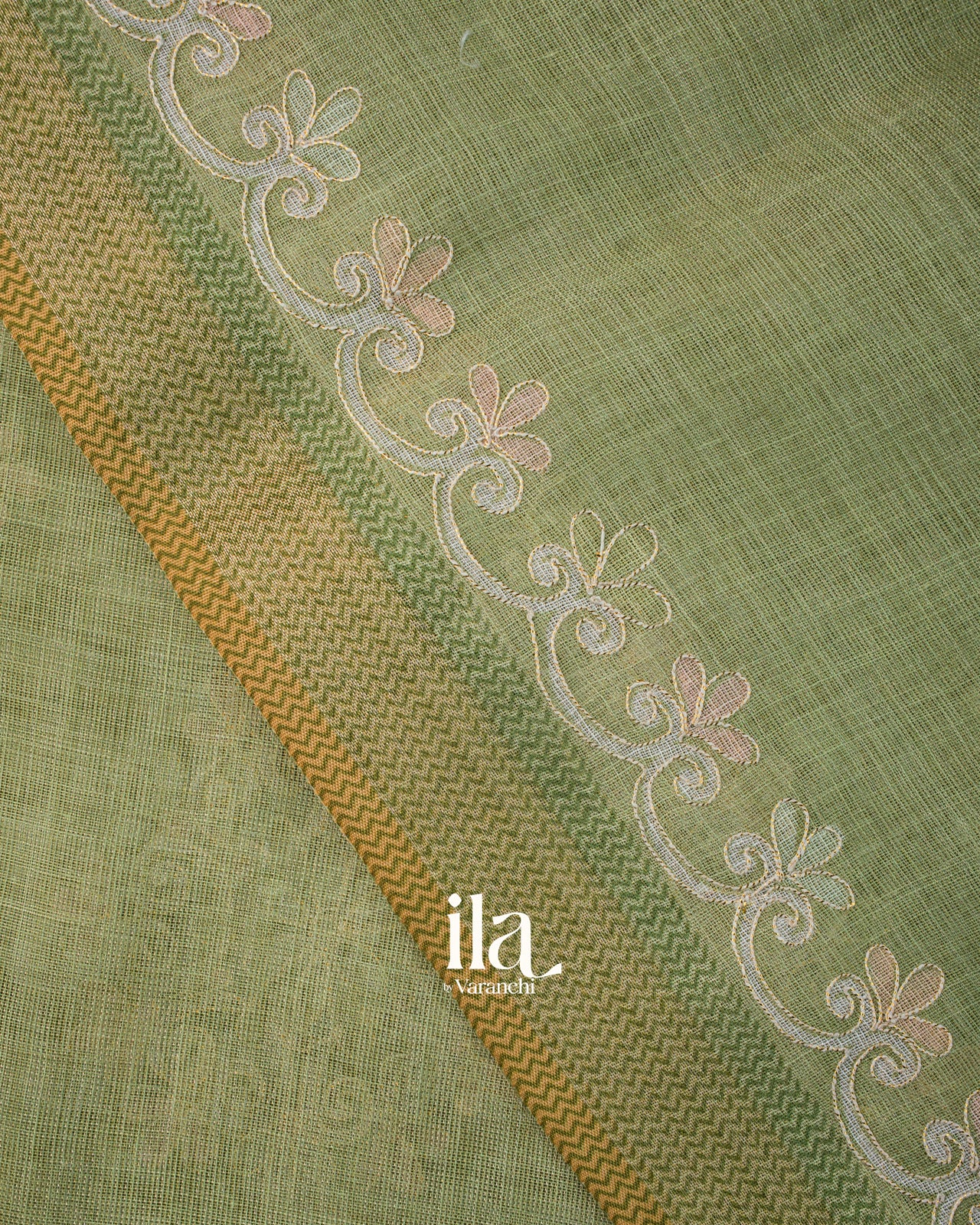 Sage Green Floral Printed and Aaree Work Semi Linen Saree