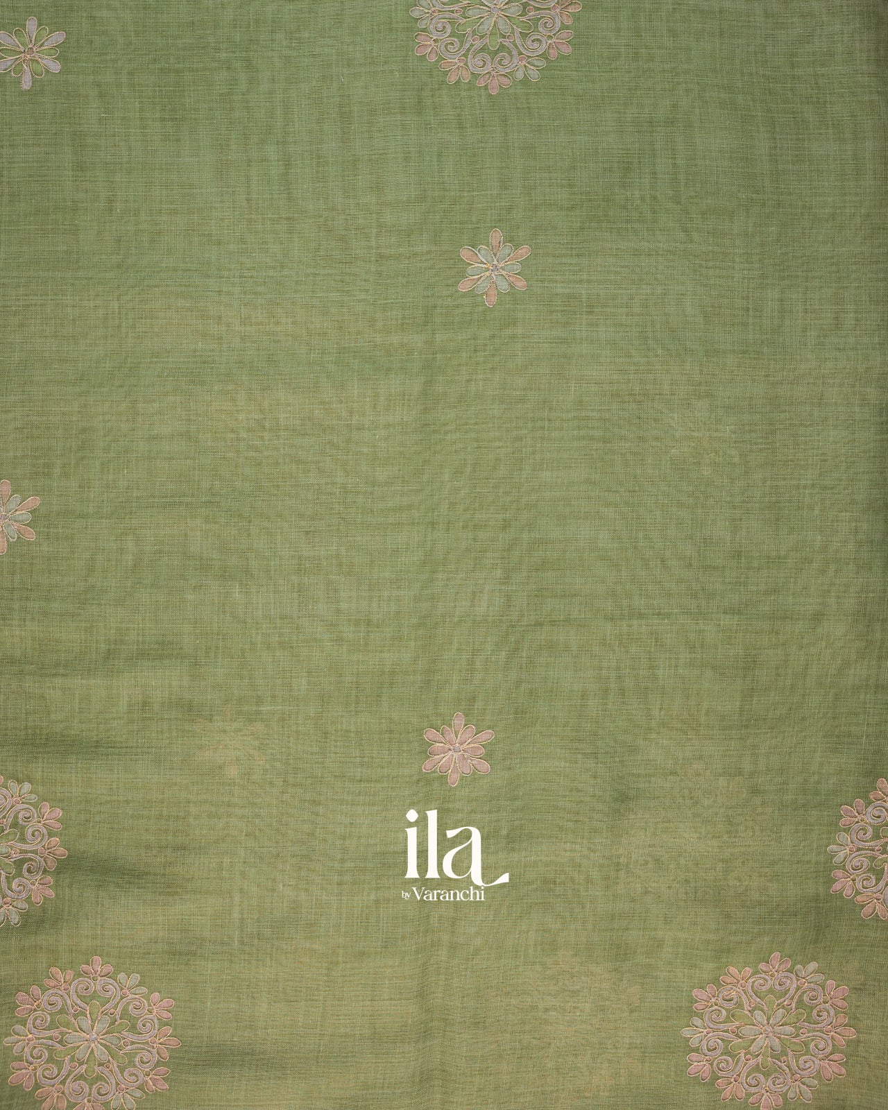 Sage Green Floral Printed and Aaree Work Semi Linen Saree