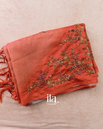 Dusty Peach Floral Embroidered Semi Tussar Silk Saree