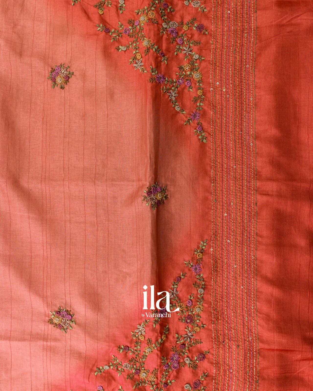Rust Orange Floral Embroidered with Ombre-dyed Semi Tussar Saree