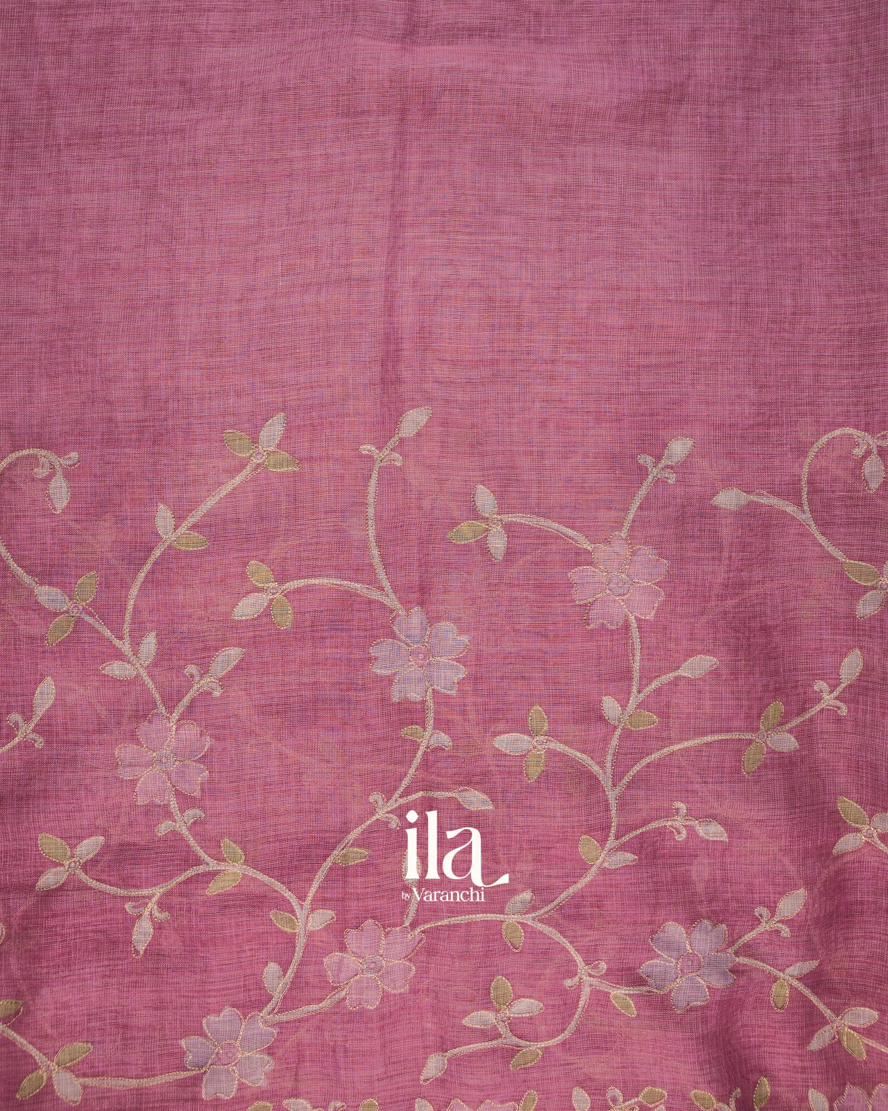 Mauve Pink Floral Printed and Aaree Work Semi Linen Saree