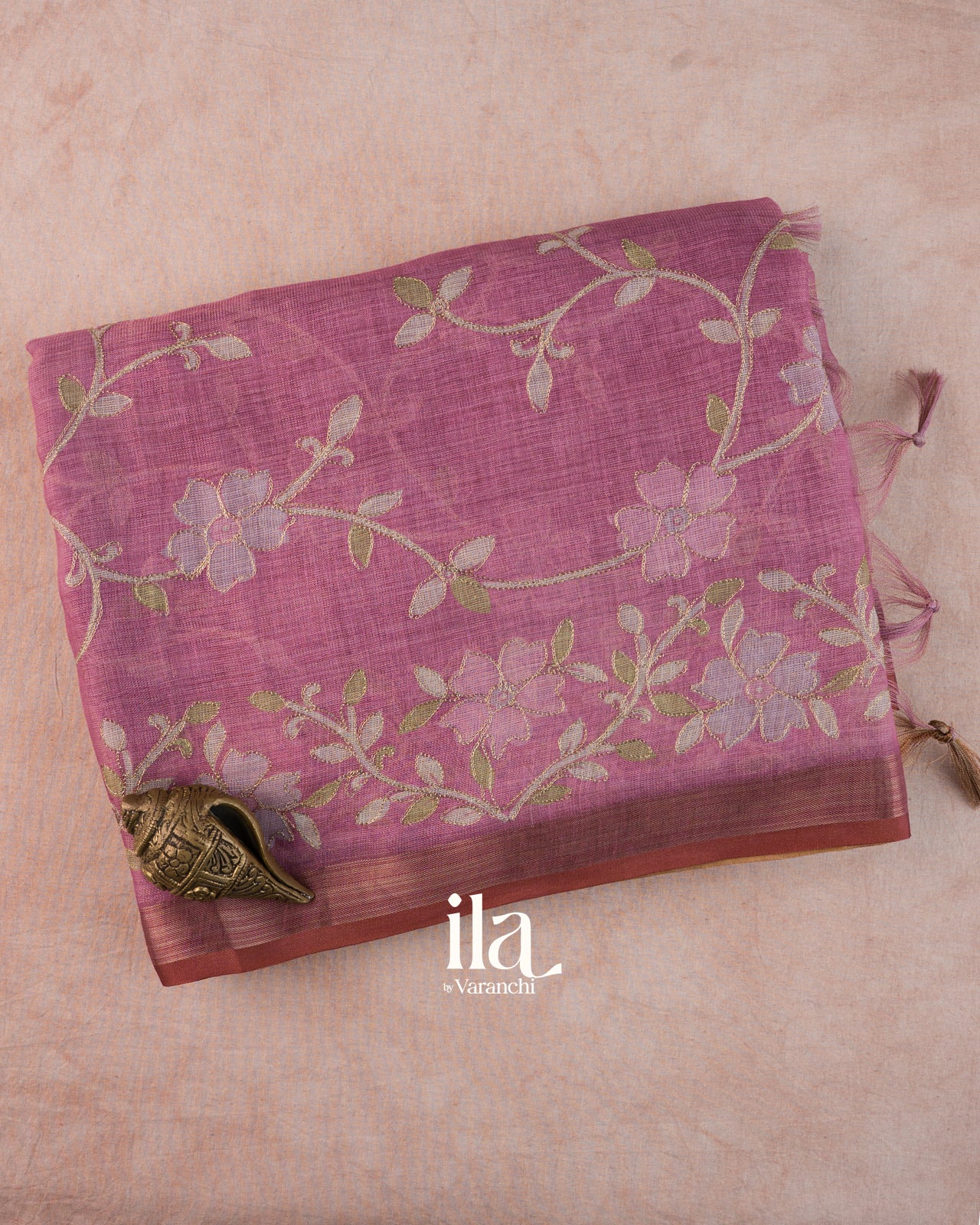 Mauve Pink Floral Printed and Aaree Work Semi Linen Saree