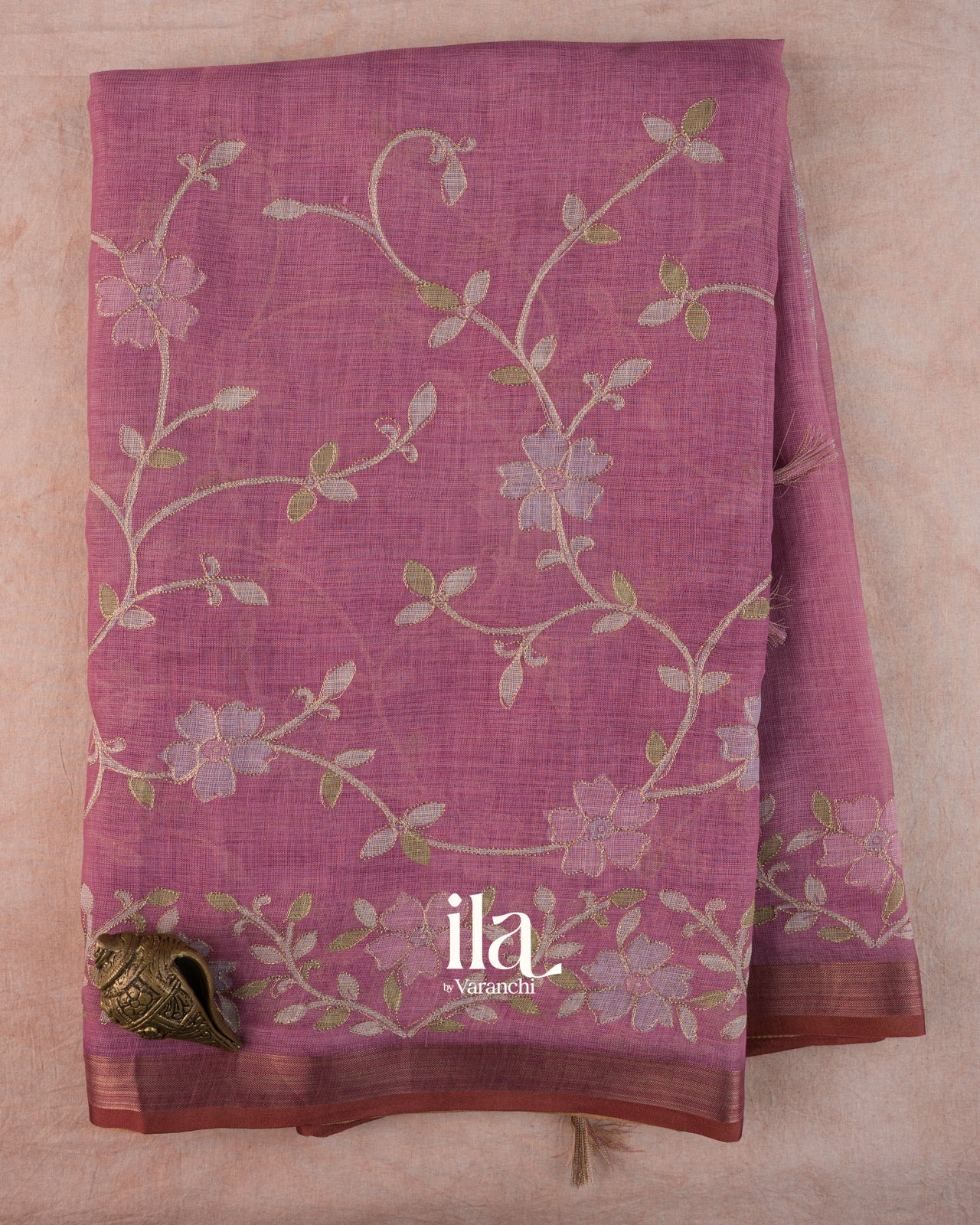 Mauve Pink Floral Printed and Aaree Work Semi Linen Saree