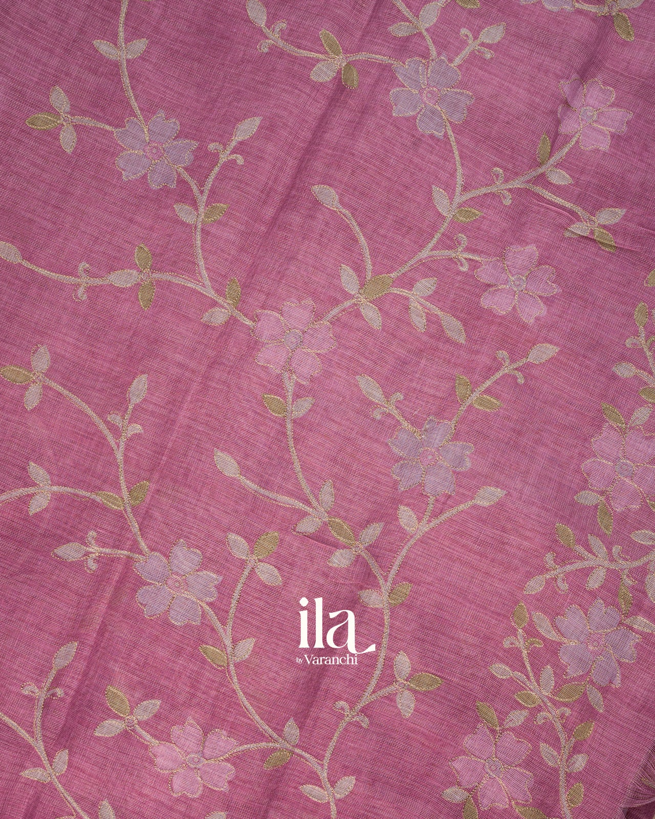 Mauve Pink Floral Printed and Aaree Work Semi Linen Saree
