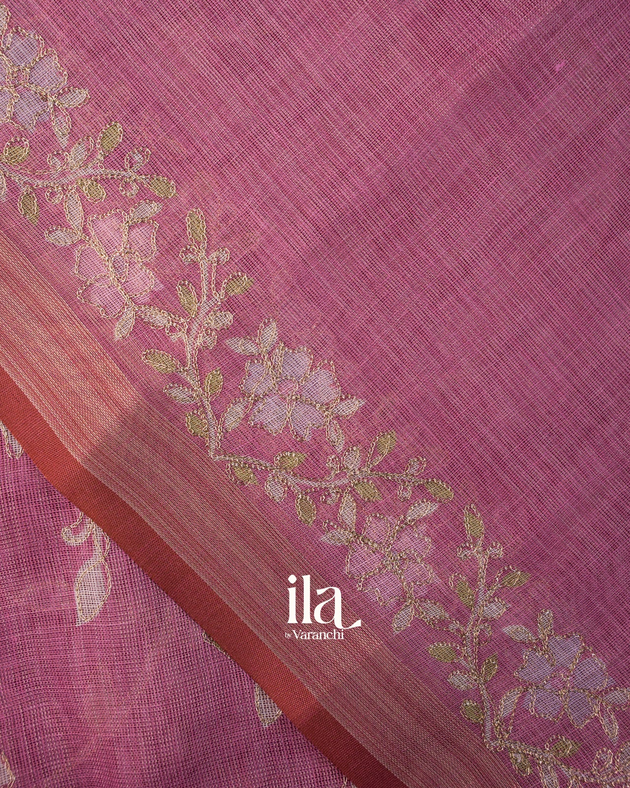 Mauve Pink Floral Printed and Aaree Work Semi Linen Saree