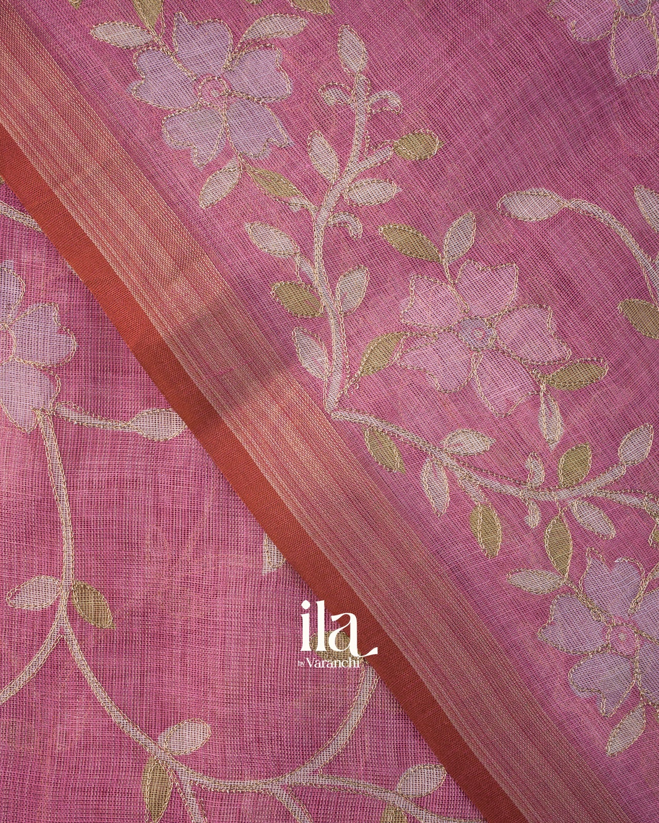 Mauve Pink Floral Printed and Aaree Work Semi Linen Saree