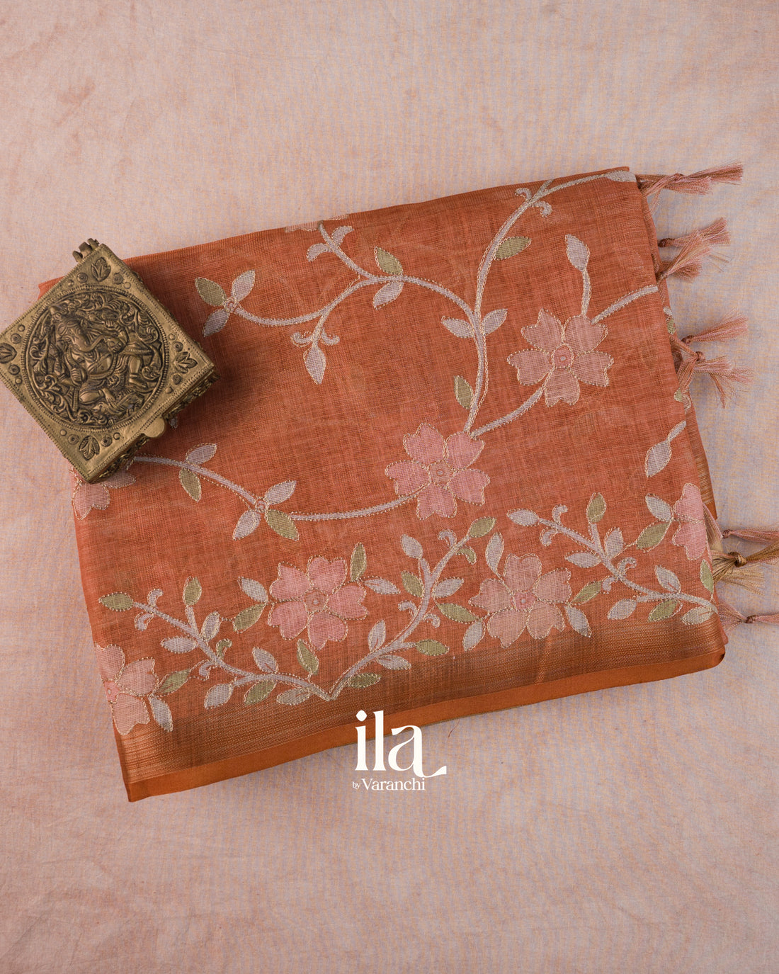 Rust Orange Floral Printed and Embroidered Semi Linen Saree