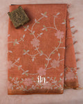 Rust Orange Floral Printed and Embroidered Semi Linen Saree