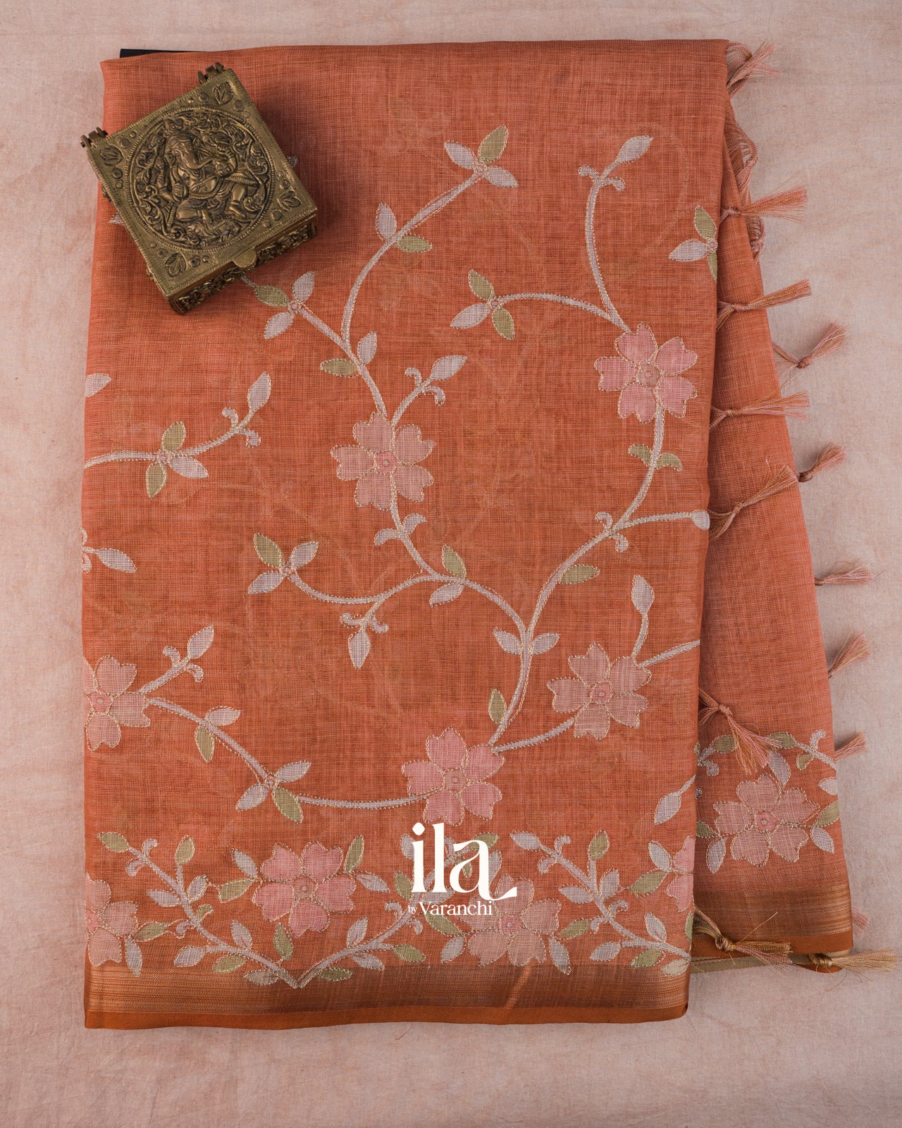 Rust Orange Floral Printed and Embroidered Semi Linen Saree