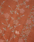 Rust Orange Floral Printed and Embroidered Semi Linen Saree