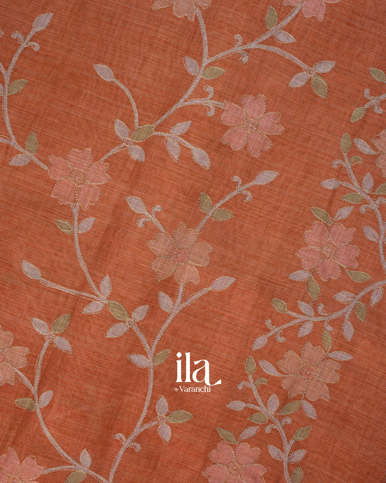 Rust Orange Floral Printed and Embroidered Semi Linen Saree