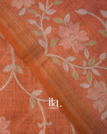 Rust Orange Floral Printed and Embroidered Semi Linen Saree