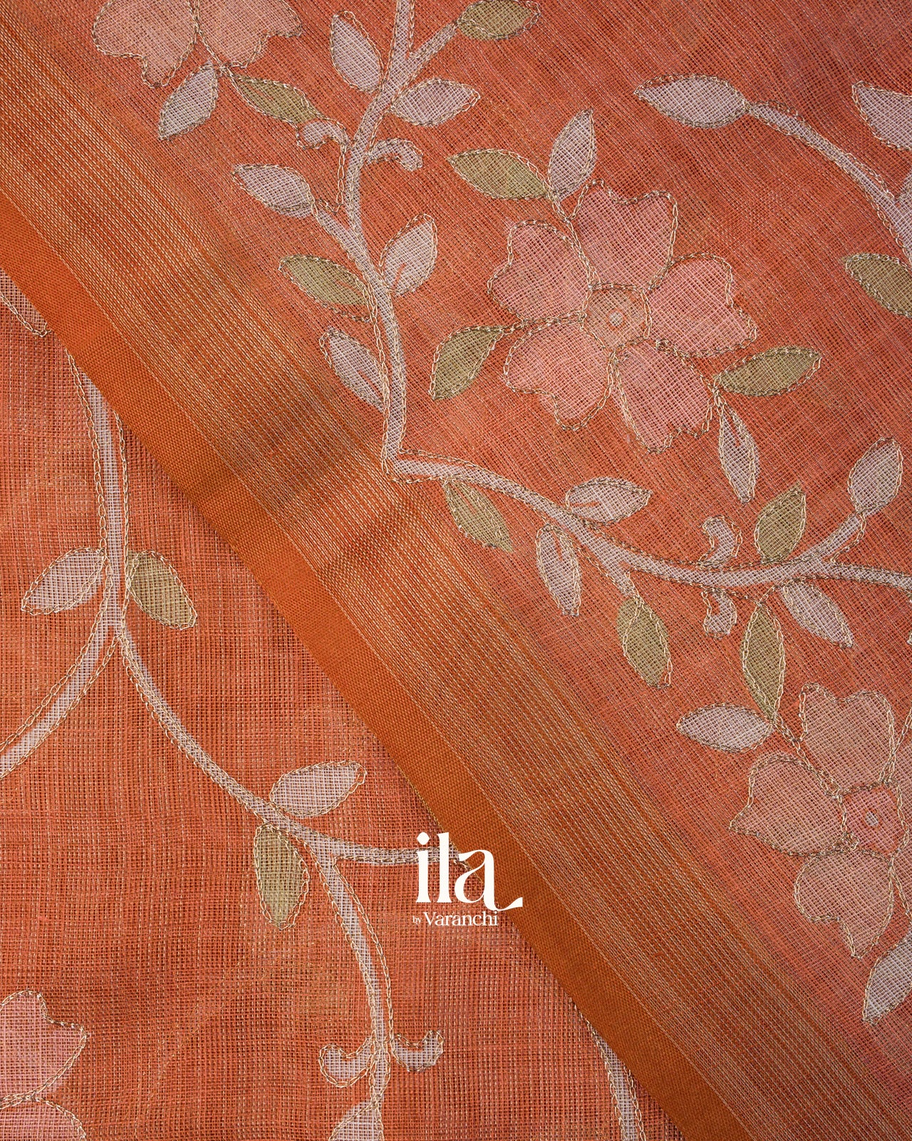 Rust Orange Floral Printed and Embroidered Semi Linen Saree