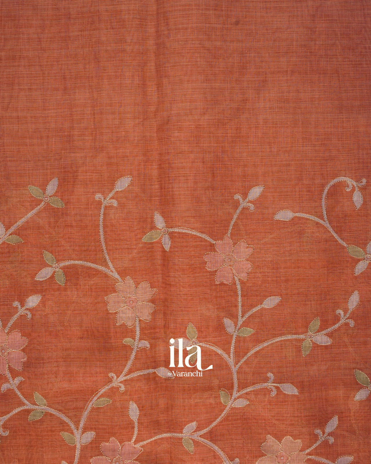Rust Orange Floral Printed and Embroidered Semi Linen Saree