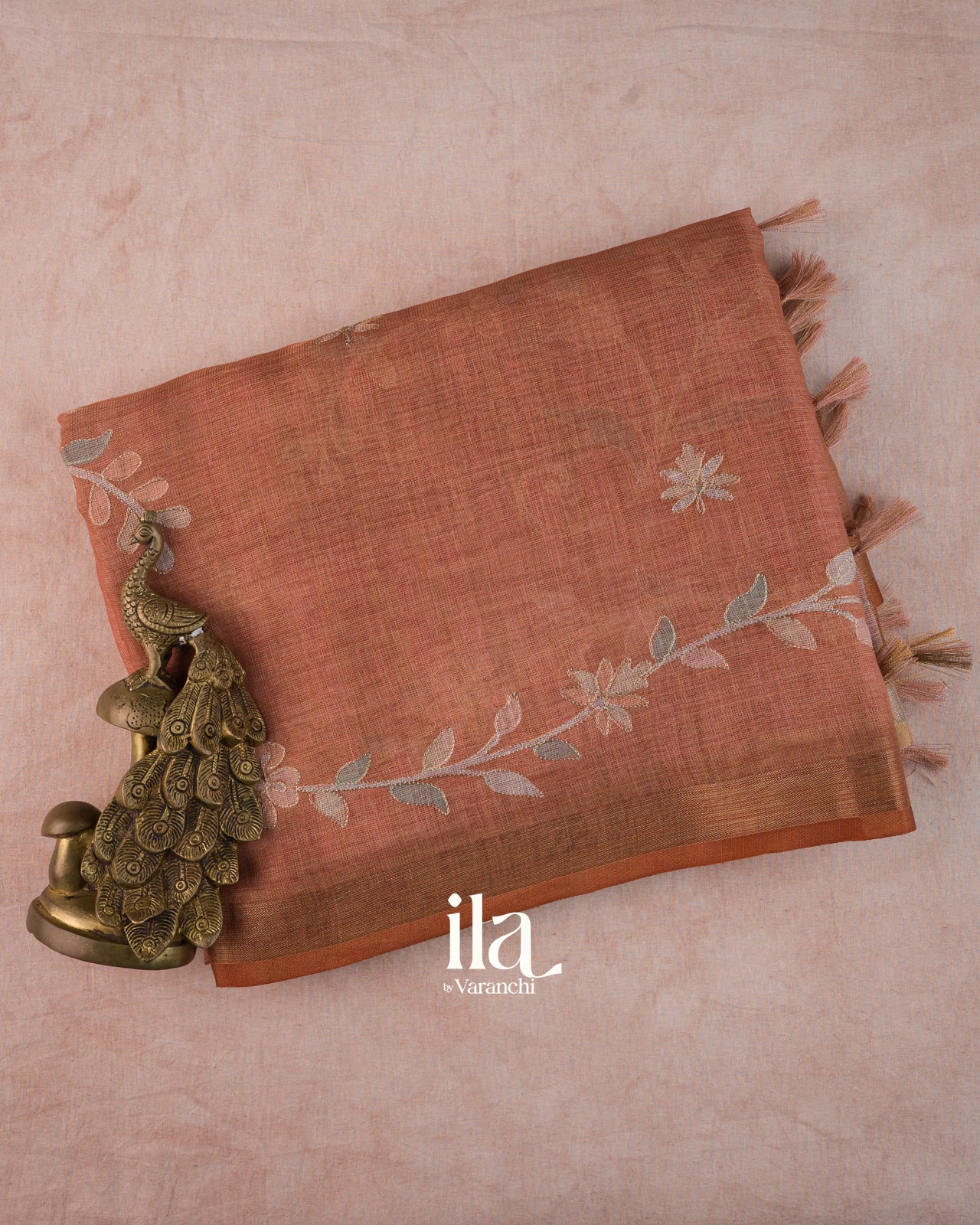 Peach Floral Printed and Aaree Work Semi Linen Saree