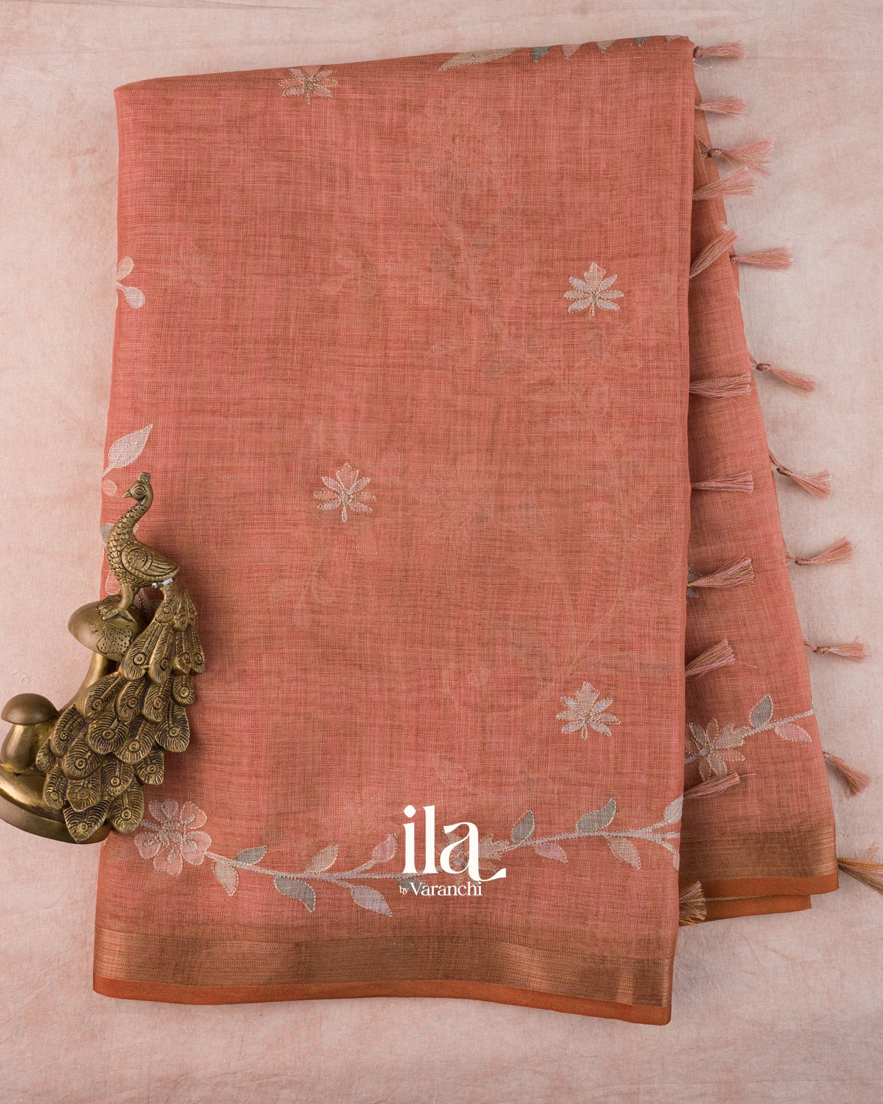 Peach Floral Printed and Aaree Work Semi Linen Saree
