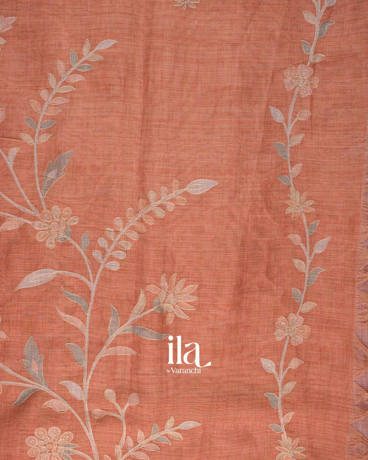 Peach Floral Printed and Aaree Work Semi Linen Saree