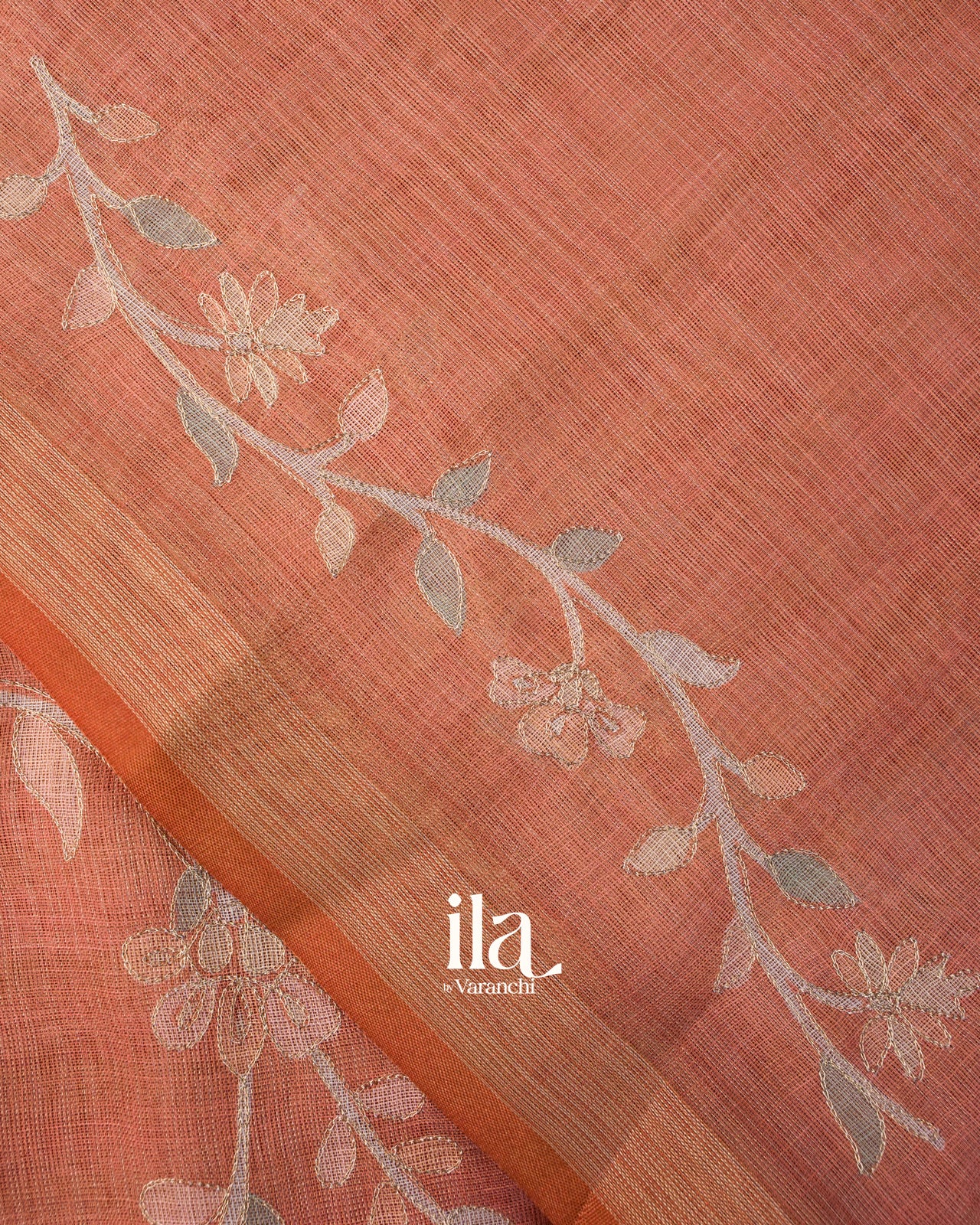 Peach Floral Printed and Aaree Work Semi Linen Saree