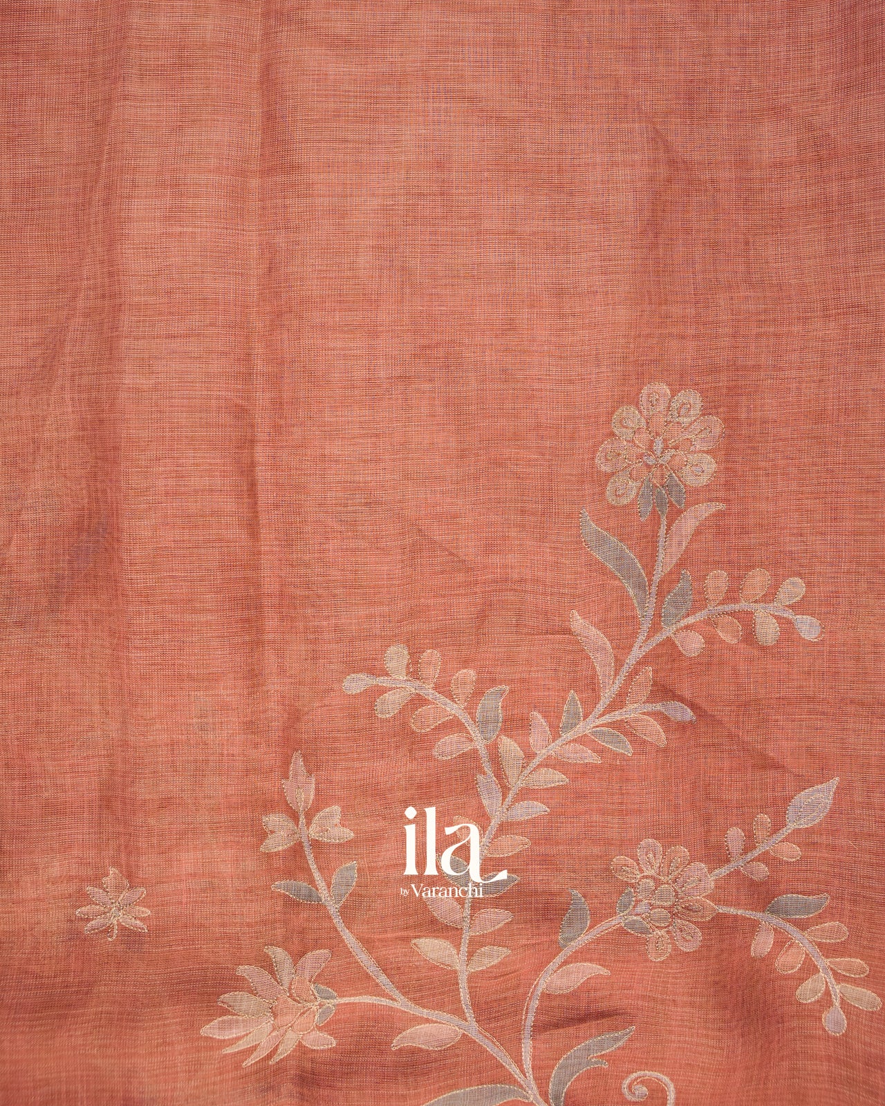 Peach Floral Printed and Aaree Work Semi Linen Saree