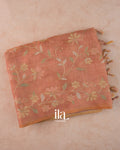 Peach Floral Printed and Embroidered Semi Linen Saree