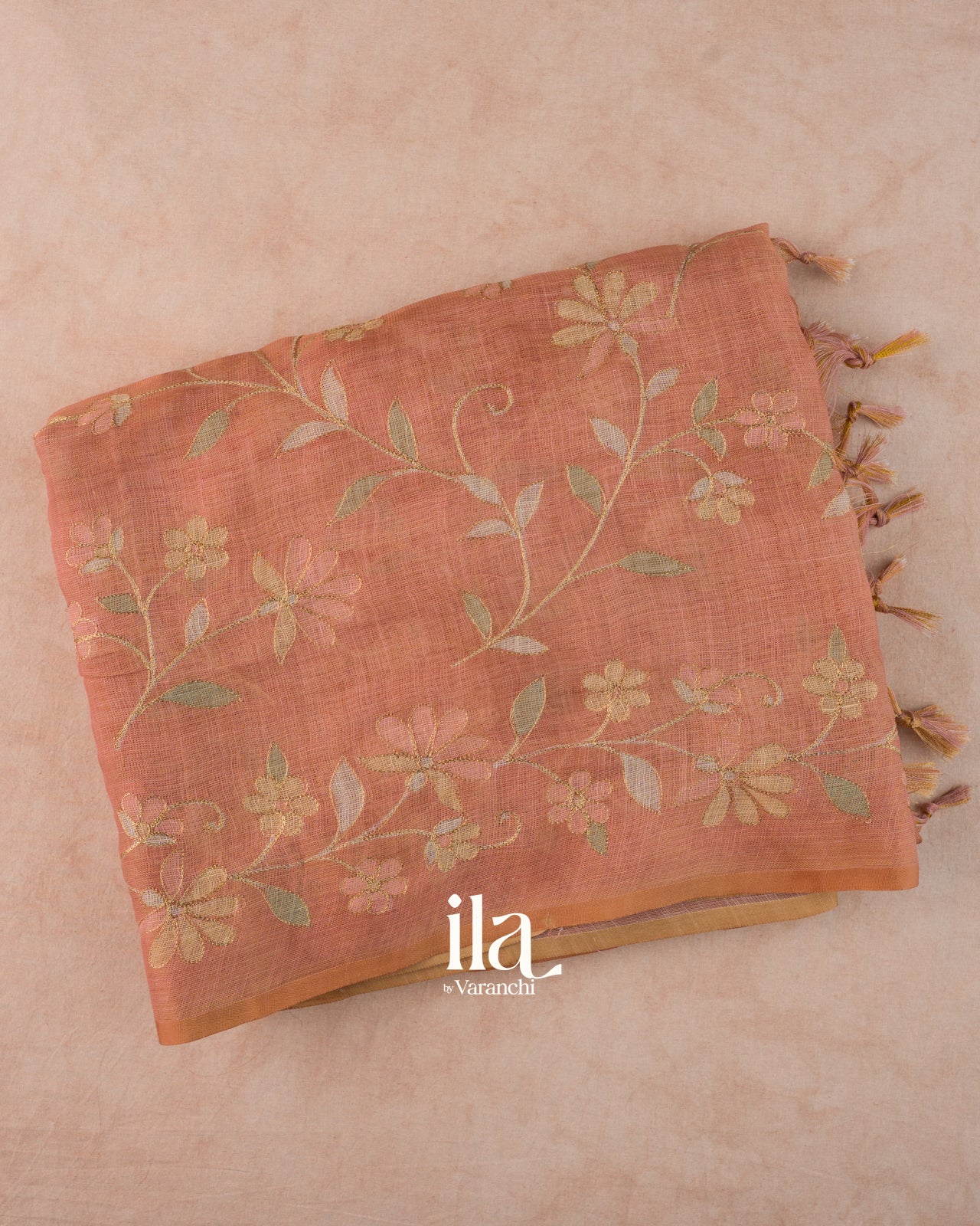 Peach Floral Printed and Embroidered Semi Linen Saree