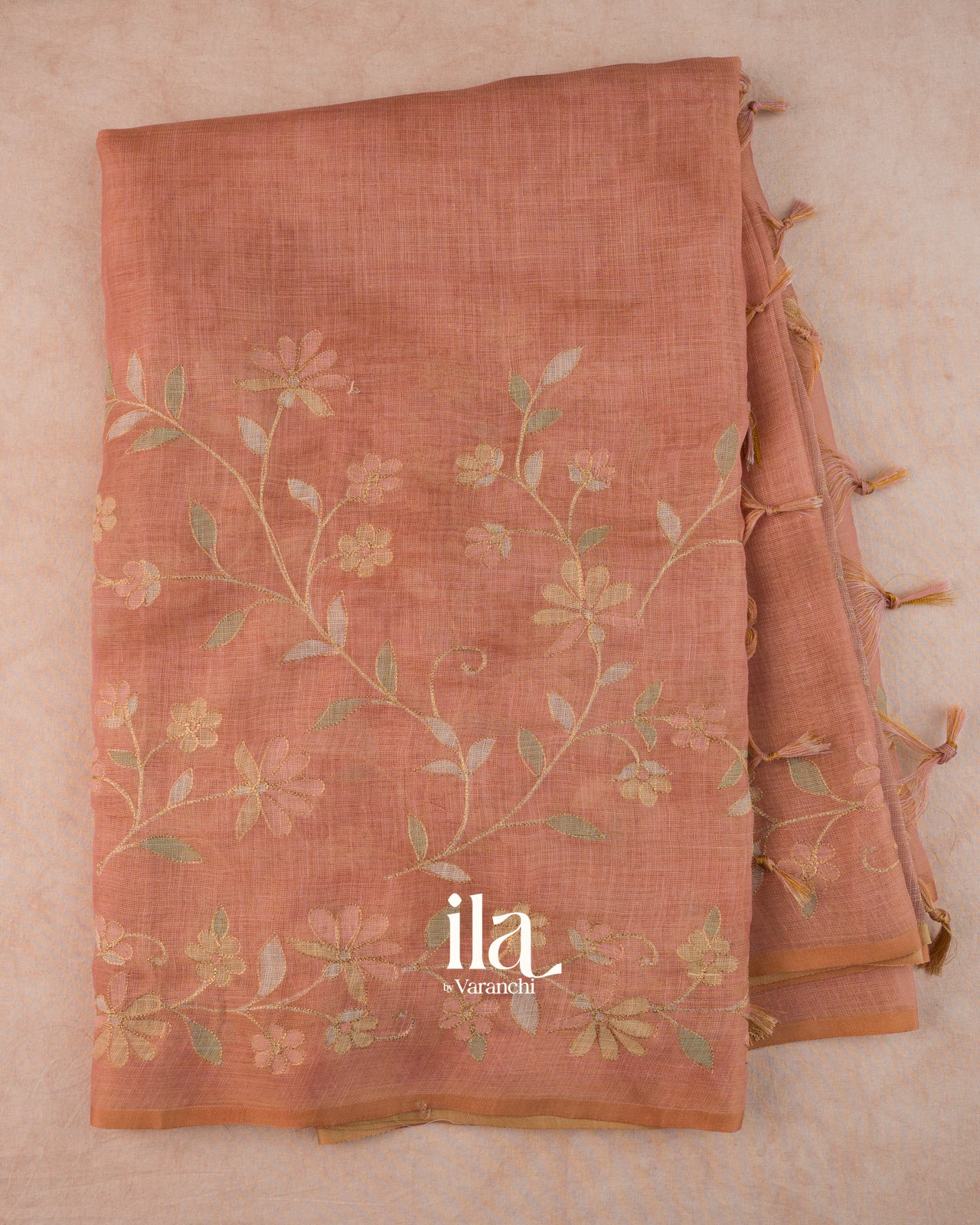 Peach Floral Printed and Embroidered Semi Linen Saree