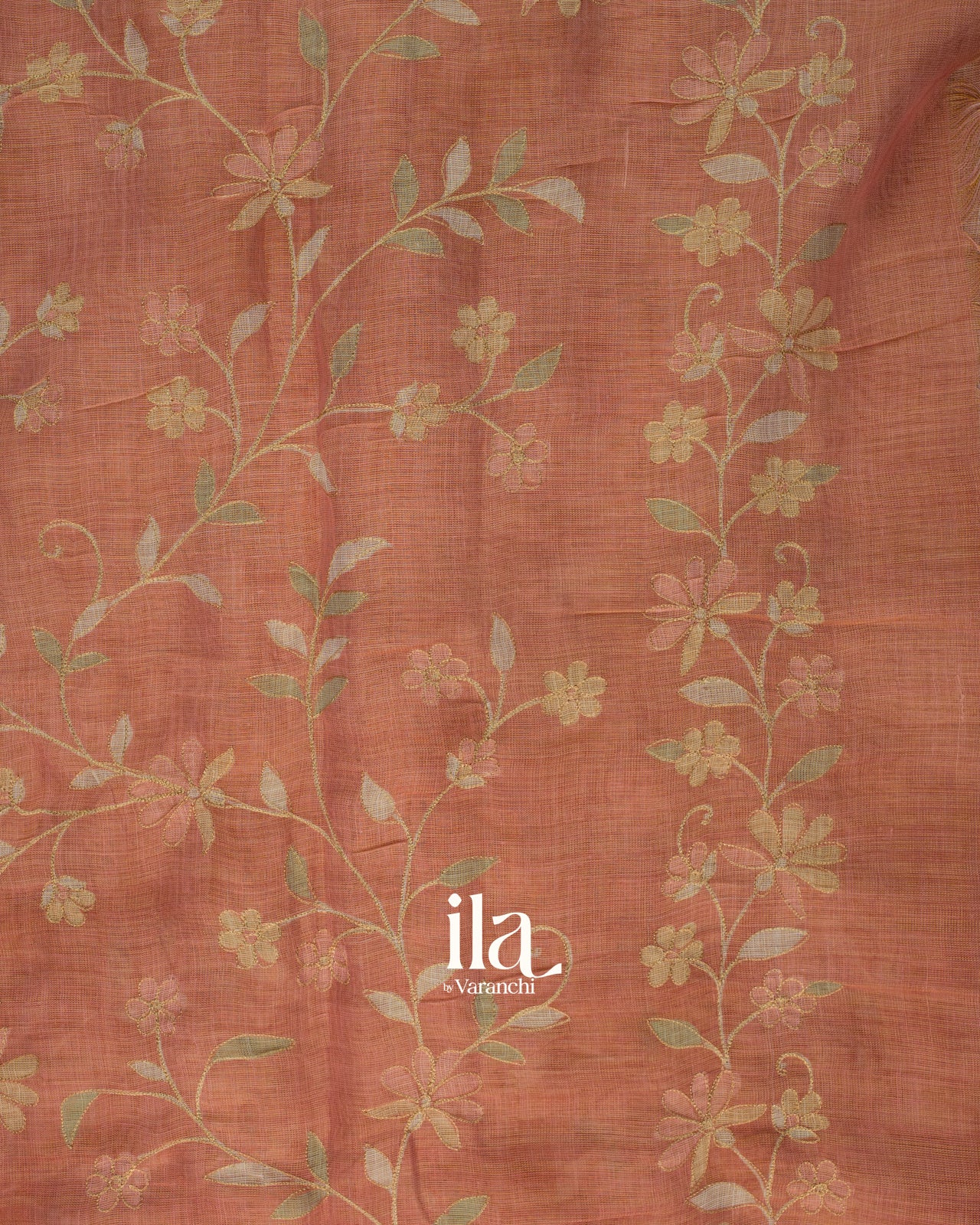 Peach Floral Printed and Embroidered Semi Linen Saree