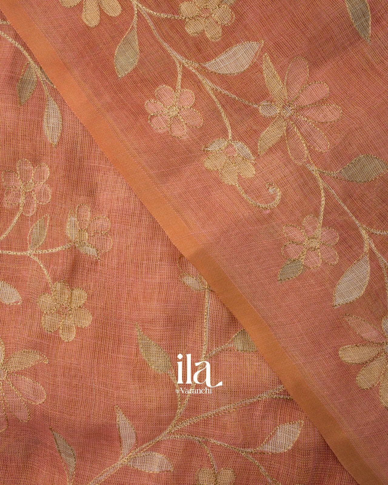 Peach Floral Printed and Embroidered Semi Linen Saree