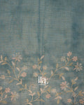 Teal Floral Printed and Embroidered Semi Linen Saree