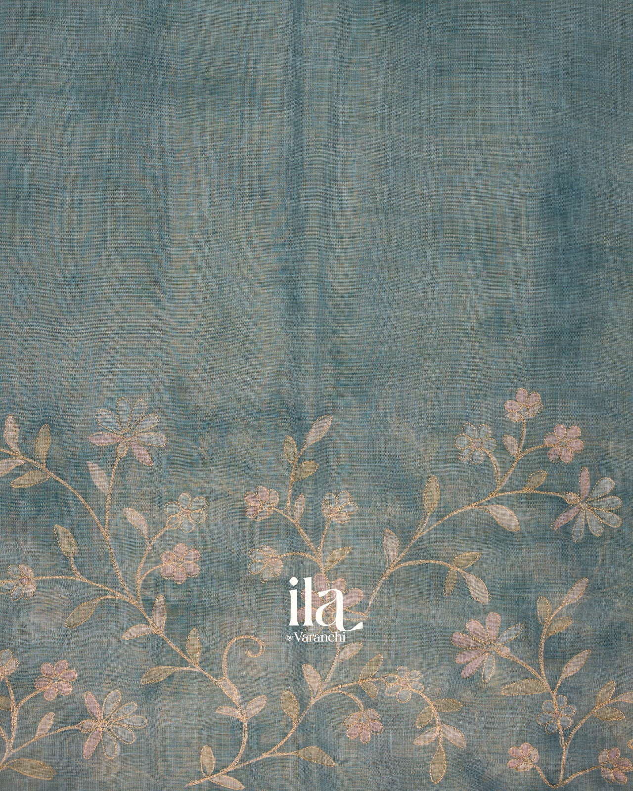 Teal Floral Printed and Embroidered Semi Linen Saree