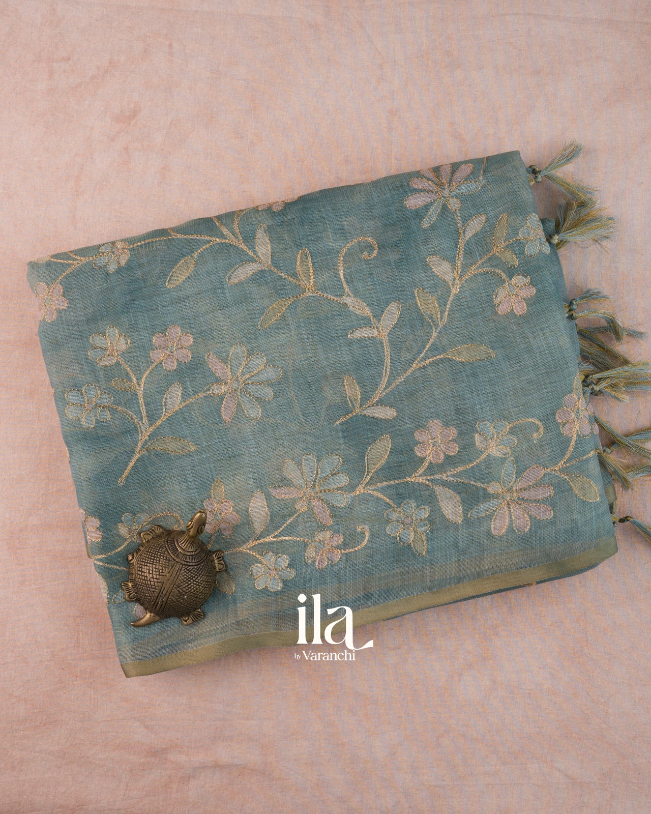 Teal Floral Printed and Embroidered Semi Linen Saree