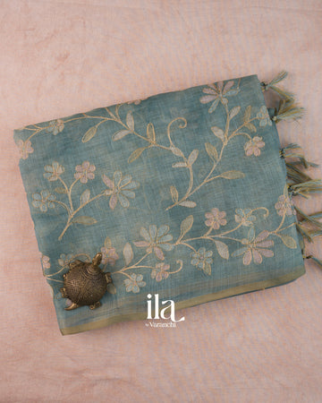 Teal Floral Printed and Embroidered Semi Linen Saree