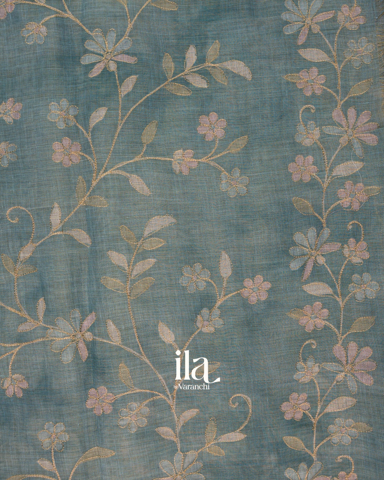 Teal Floral Printed and Embroidered Semi Linen Saree
