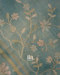 Teal Floral Printed and Embroidered Semi Linen Saree
