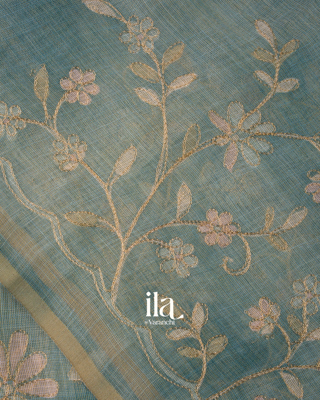 Teal Floral Printed and Embroidered Semi Linen Saree